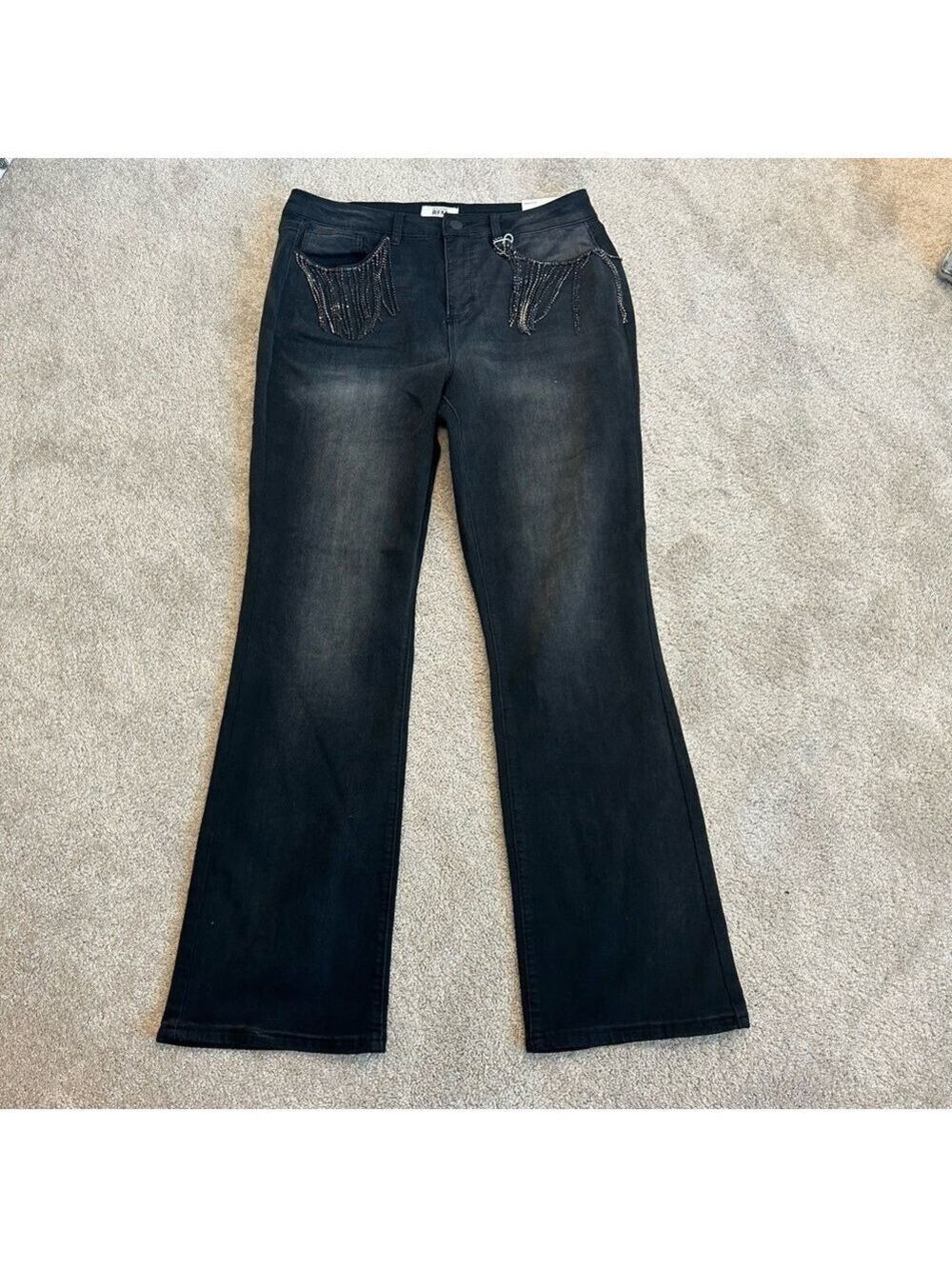 RFM Royalty For Me black rhinestone fringe pocket trim boot cut denim jeans NWT